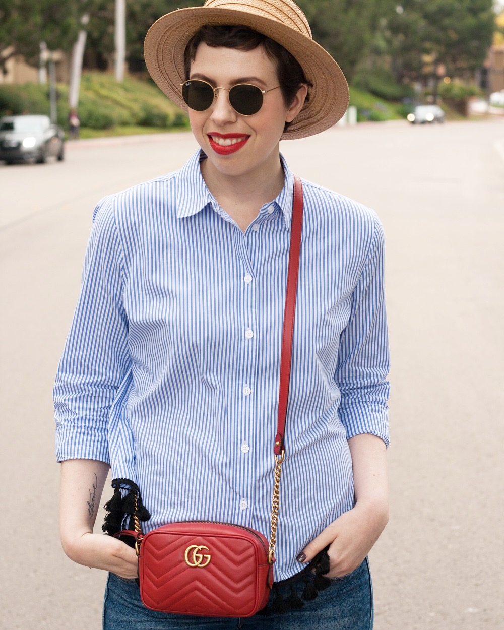 Striped Who What Wear short, Hinge boater hat, red Gucci Marmont Matelasse bag