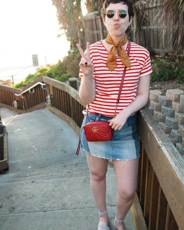 Striped Madewell tee, jean skirt, bandana neck tie